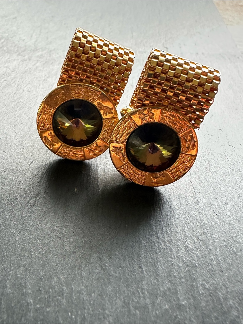 Vintage 70’s Gold Tone Mesh Drop Cufflinks with Faceted Crystal Accent